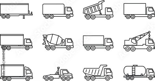 Commercial Truck, Transportation, and Logistics Vehicle Line Icons Set, Including Delivery Box Van, Cement Mixer, Dump Truck, and Tow Truck in Outline Style, Isolated.