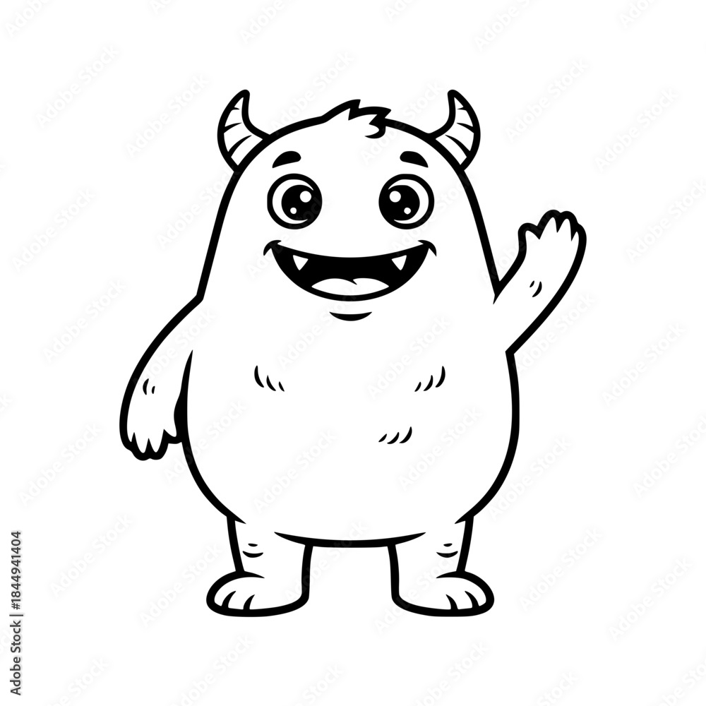 Fototapeta premium Cute little monster mascot icon waving, friendly and cheerful character concept.
