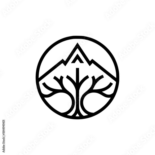Mountain and tree logo in circle, nature conservation and environment concept