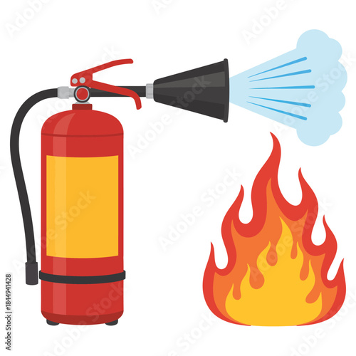 Fire Extinguisher and Fire Flame, Emergency Safety Protective Action in Bright Red, Orange, and Blue, Flat Vector Illustration for Fire Prevention and Emergency Training.