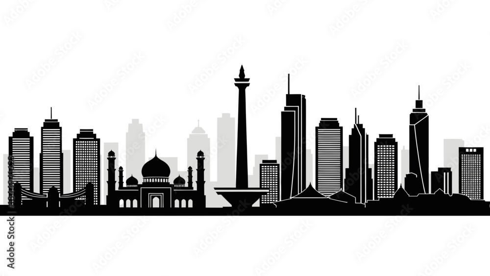 Obraz premium A dynamic black and white Jakarta, Indonesia city skyline silhouette vector