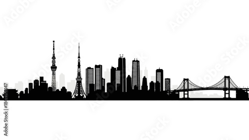 Iconic city skyline silhouette featuring Tokyo Tower and Rainbow Bridge against a white background, perfect for travel and cityscape design