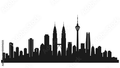 Dynamic Kuala Lumpur city skyline illustration, capturing the iconic Malaysian urban landscape with its famous towers in a striking silhouette