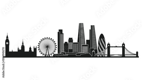 iconic London city skyline featuring famous landmarks like Big Ben and Tower Bridge in silhouette