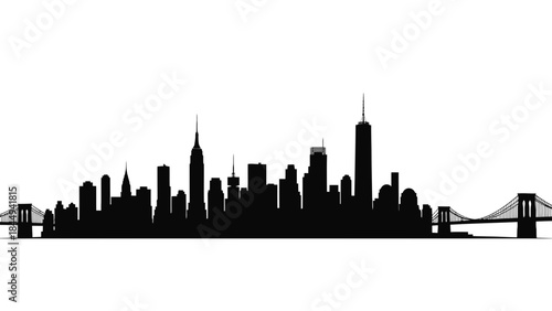 Dynamic black silhouette of a sprawling metropolitan city skyline, featuring a diverse collection of towering buildings and connecting bridges, ideal for modern urban design
