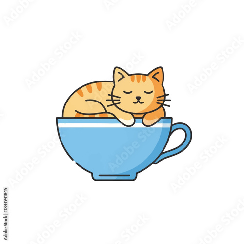 Orange Cat Sleeping in Blue Teacup.