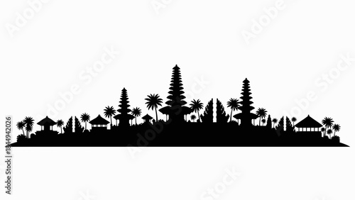 Detailed black silhouette of a traditional Balinese temple complex and tropical trees, forming an iconic cultural city skyline against a clean white background, perfect for travel and heritage themes