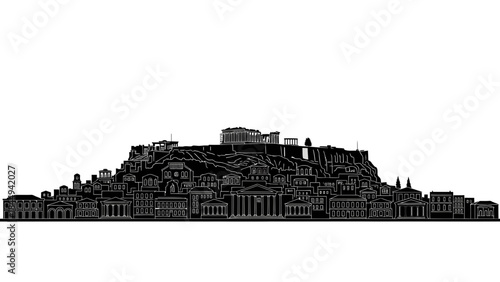 Intricate vector art silhouette of the iconic Athens city skyline, highlighting its renowned classical architecture and ancient heritage, a timeless European urban panorama