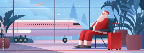 Santa airport waiting Christmas travel winter holiday airplane scene suitcase plants snow background modern banner