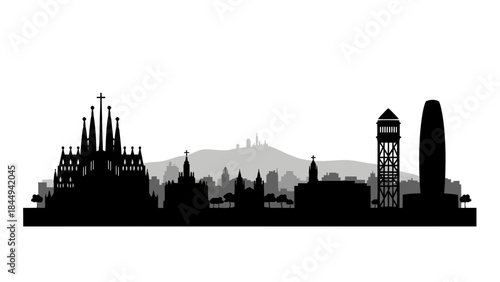 Iconic Barcelona city skyline silhouette, showcasing famous landmarks in Spain's vibrant capital, a travel destination