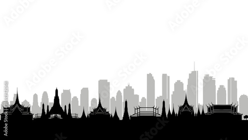 Monochromatic city skyline silhouette showcasing traditional temples and modern skyscrapers against a white background