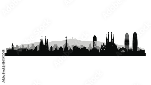 A stunning black and white silhouette of a city skyline, showcasing iconic architectural landmarks and the vast urban landscape under a clear sky, perfect for representing travel and cityscapes