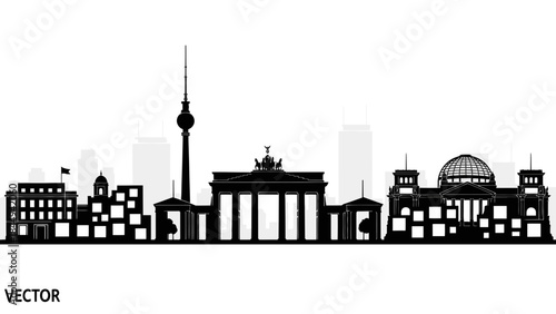 Detailed vector illustration of the famous Berlin city skyline silhouette, capturing iconic German landmarks like the Brandenburg Gate and TV Tower