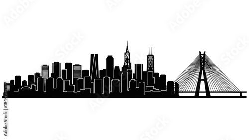 A striking black and white city skyline featuring modern architecture and a prominent bridge, evoking a sense of urban grandeur and design