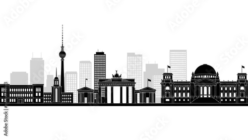 Dynamic black and white vector illustration capturing the iconic Berlin city skyline, featuring prominent German landmarks such as the Brandenburg Gate and Reichstag Building