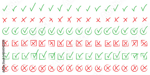 Hand drawn check and cross icons set in circle and square outline checklist marks vector illustration. Check tick mark icon set. Cross box x check mark checkbox v list vector draw hand drawn sketch