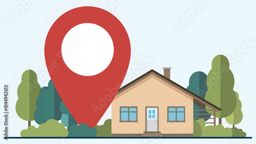 House with location pin, modern flat design illustration, bright clear light, vector graphic for real estate, home search, and address services.