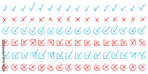 Check mark icons set. Black brush stroke check mark, tick symbols, checklist signs. Grunge brush stroke signs. Grunge checkmark design. Dirty grunge stroke checkmark sign vector illustration.