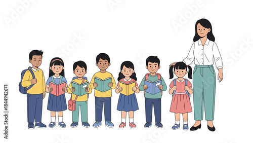 Diverse Students Standing Together with Books and School Bags Guided by Female Teacher, International Education Day Vector Illustration