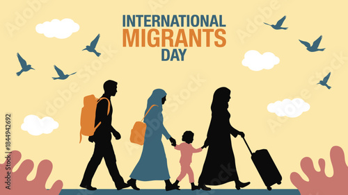 Migrant family silhouettes on a hopeful journey, solidarity illustration in warm pastel colors, flat vector graphic for International Migrants Day awareness.