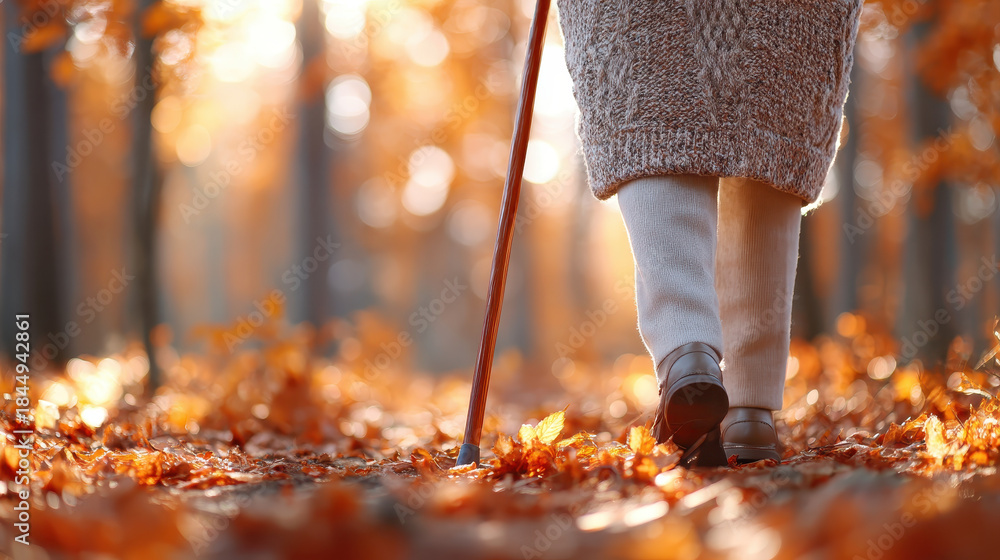 Fototapeta premium Elderly care support walking cane autumn forest leaves warm sunlight peaceful stroll