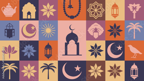 Diverse Cultural and Religious Symbols Flat Graphic Illustration in Muted Earthy Tones Grid Pattern for Global Diversity Themes.