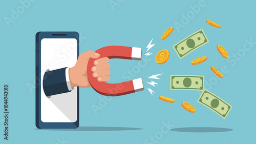 Hand with magnet attracting money from smartphone in vibrant flat design vector illustration for online earning and financial technology.