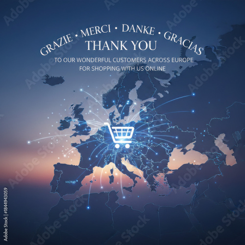 Online Shopping Appreciation: A heartfelt message of gratitude to valued shoppers across Europe, conveyed through a stylized map and shopping cart illustration.