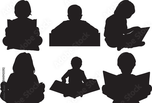 Children Reading Book Silhouettes Set