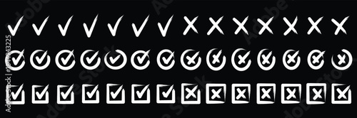 Hand drawn doodle checkmark and cross icons set checklist marks in box and circle grunge brush style vector illustration