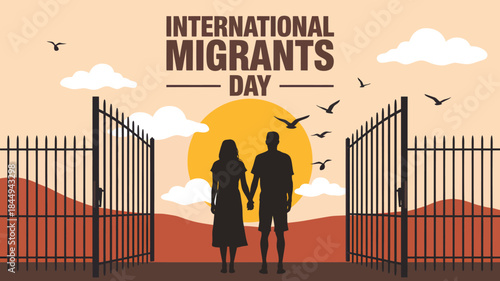 Silhouettes of a couple holding hands at an open gate with a hopeful sunset glow in a flat vector illustration for International Migrants Day awareness.