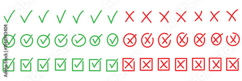 Print Check tick mark icon set. Cross box x check mark checkbox v list vector draw hand drawn sketch doodle brush marker checklist symbol wrong right circle. Green checkmark marker icon. brush marker 