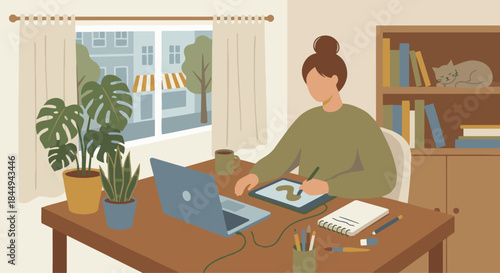 “Freelance Illustrator Working from Home”
Flat vector artist at cosy desk, simple plants, laptop, stylized solid shapes, calm home-studio vibe.