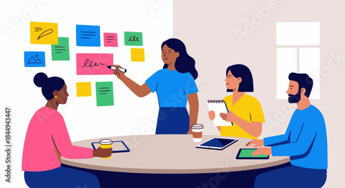 “Illustrator Team Brainstorming Ideas”
Flat vector group of creative artists gathered around table, simple sticky-note shapes, bold flat colours, minimal scene.