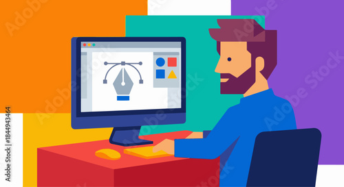 “Illustrator Designing on Computer”
Flat vector artist creating vector graphics on screen, clean icons (pen tool, shapes), strong solid-colour blocks.