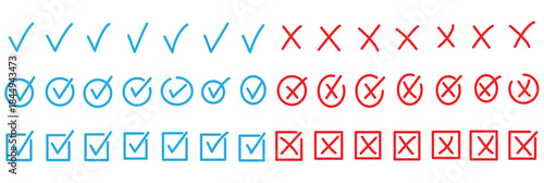 Check tick mark icon set. Cross box x check mark checkbox list vector draw hand drawn sketch doodle brush marker checklist symbol wrong right circle. hand drawn, grunge X sign. hand drawn tick mark