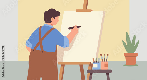 “Illustrator Drawing on Large Art Board”
Flat vector artist standing beside big canvas or board, simple markers/brushes, soft solid tones and clean edges.