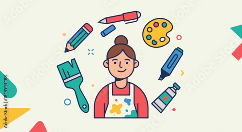  “Illustrator Surrounded by Art Tools”
Flat vector artist with stylized brushes, pens, palette, markers floating around; clean, colourful solid icons.