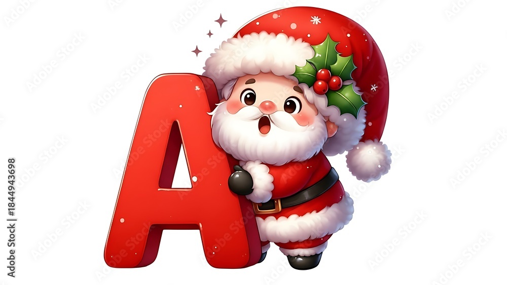 Fototapeta premium Christmas Santa Alphabet Clipart, Festive Letter. Cute Santa Claus Holding Letter A – Christmas Alphabet Illustration