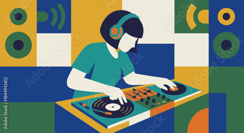 Flat vector illustration of a DJ mixing music, turntable and headphones, solid colour design, clean geometric layout