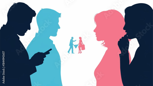 Silhouettes of couples interacting with technology and each other.