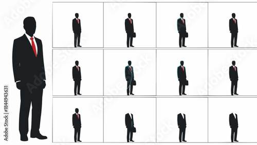 Silhouette of a businessman standing in front of a grid of smaller businessman silhouettes.
