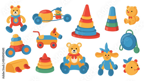 Playful Action Scene Featuring Colorful Toy Animals and Stacking Games in a Creative Environment for Children
