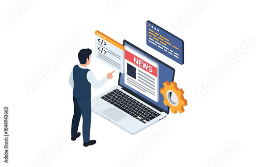 Concept of Online Journalism Man Using Laptop for News and Content Creation with Code
