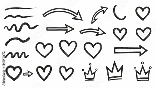 Collection of Hand Drawn Arrows Hearts and Crowns Simple Doodle Elements.
