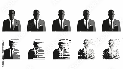 Five men in suits with one set dissolving into digital data.