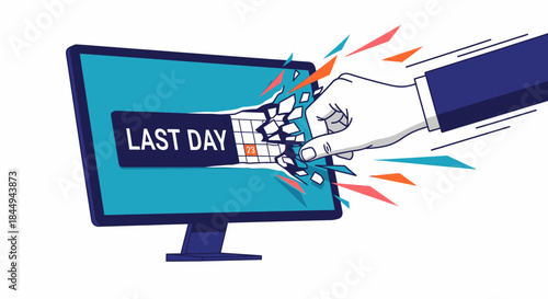 Hand punching through computer screen with 'LAST DAY' text, symbolizing urgent deadline pressure, business stress, final notice, and breaking through limits.
