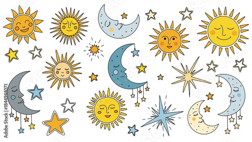 Sun, Moon, Stars in a Whimsical Design, Digital Artwork, Bright and Cheerful Atmosphere