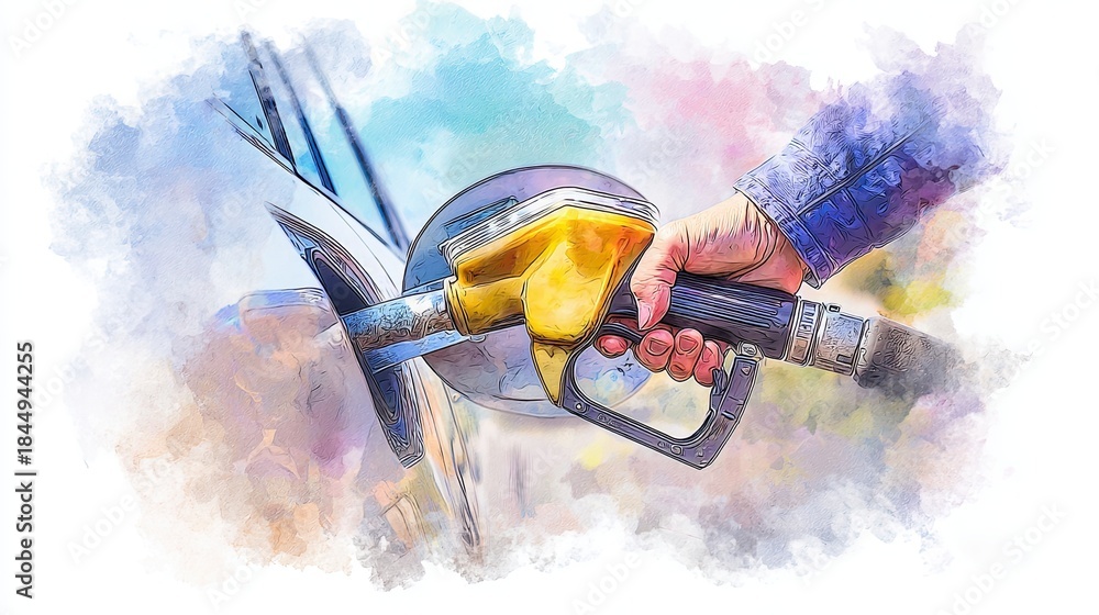 Obraz premium A hand holding a fuel nozzle fills a vehicle at a gas station, depicted in a colorful, artistic style.