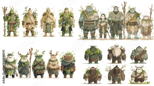 Nature inspired fantasy creature characters with moss stone and forest textures illustrated in an earthy style representing guardians spirits and mythical beings of the wilderness.